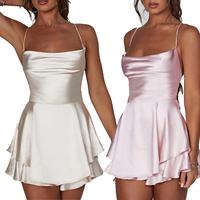 Fashionable Women's Solid Color Suspender Dress High Neck Sleeveless Short Cross Tie Backless Dress Simple White Red