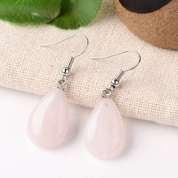 Natural Rose Quartz Teardrop Dangle Earrings