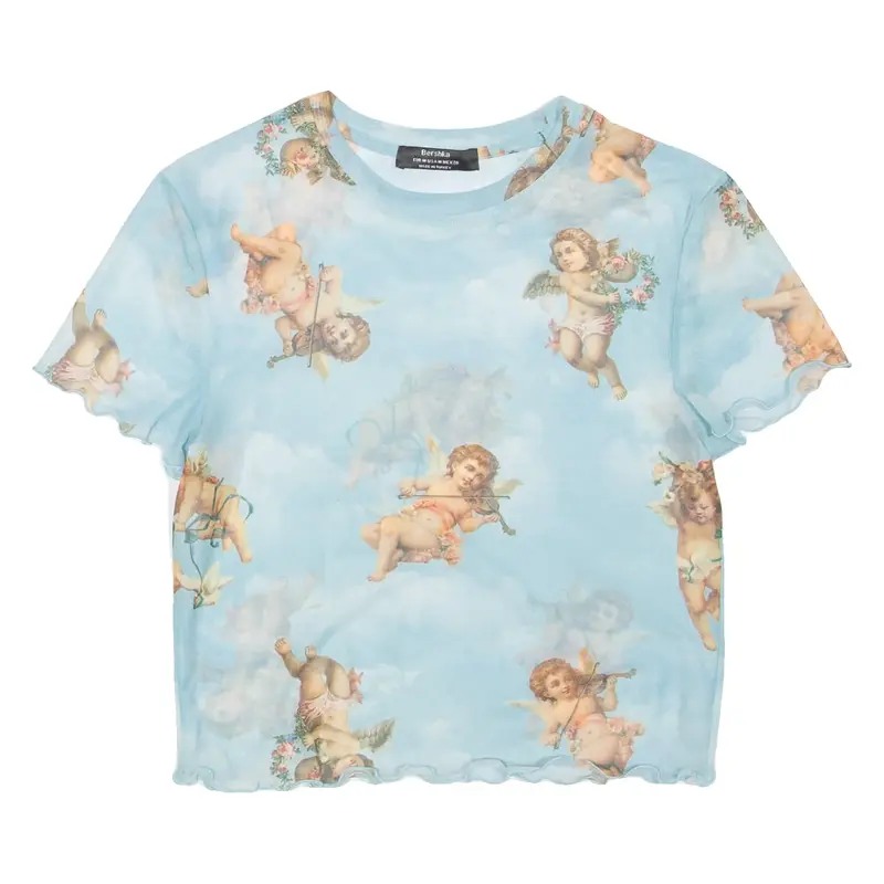 BERSHKA Sheer Womens Printed Top Blue M