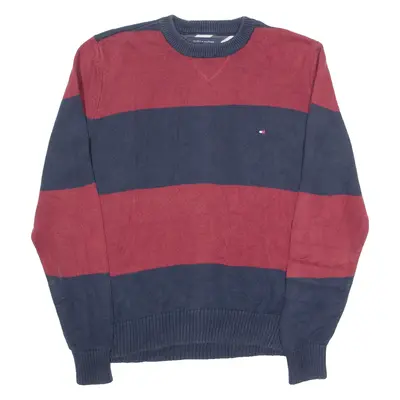TOMMY HILFIGER Mens Jumper Maroon Striped Tight Knit S