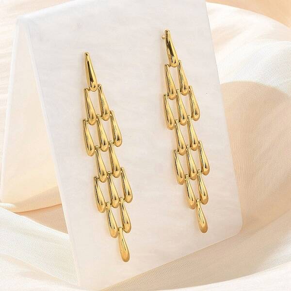 304 Stainless Steel Tassels Weave Teardrop Stud Earrings