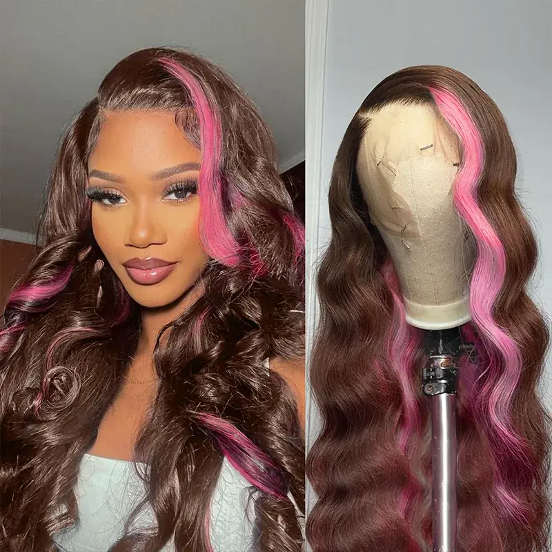 Highlight Wig Red Skunk Stripe Hair 13*4 Lace Front Wigs Straight-Ashimary Hair