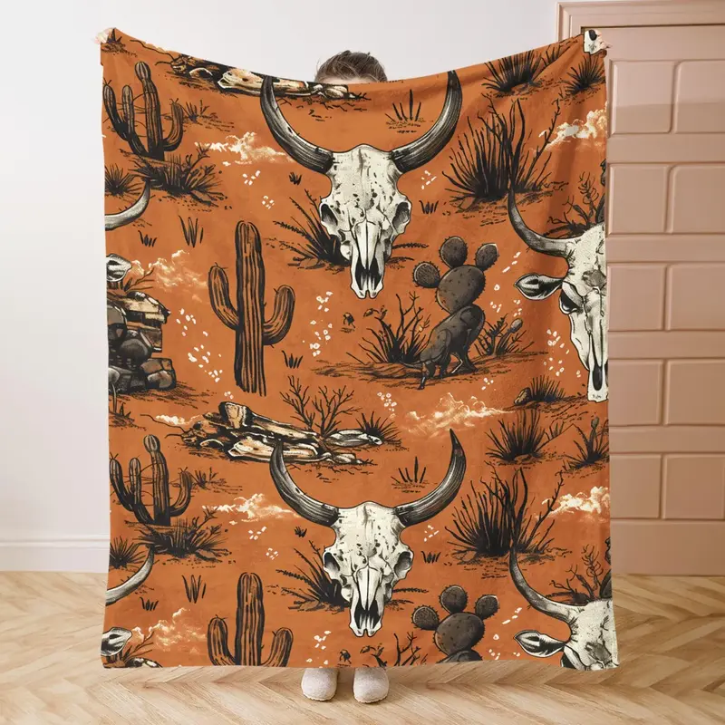 Western Desert Cow Skull Cactus Pattern Blanket, Soft Comfortable Throw Blanket, Cool Bedroom Bedding Blankets, Air-condition...