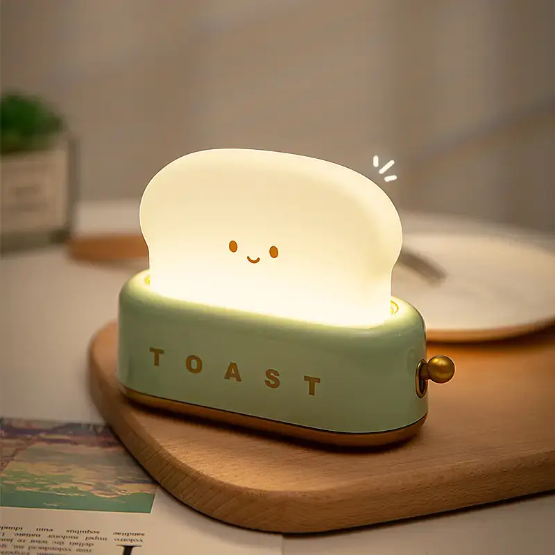 ICARER FAMILY Desk Decor Toaster Lamp, Rechargeable Small Lamp with Smile Face Toast Bread Cute Toaster Shape Room Decor Nigh...