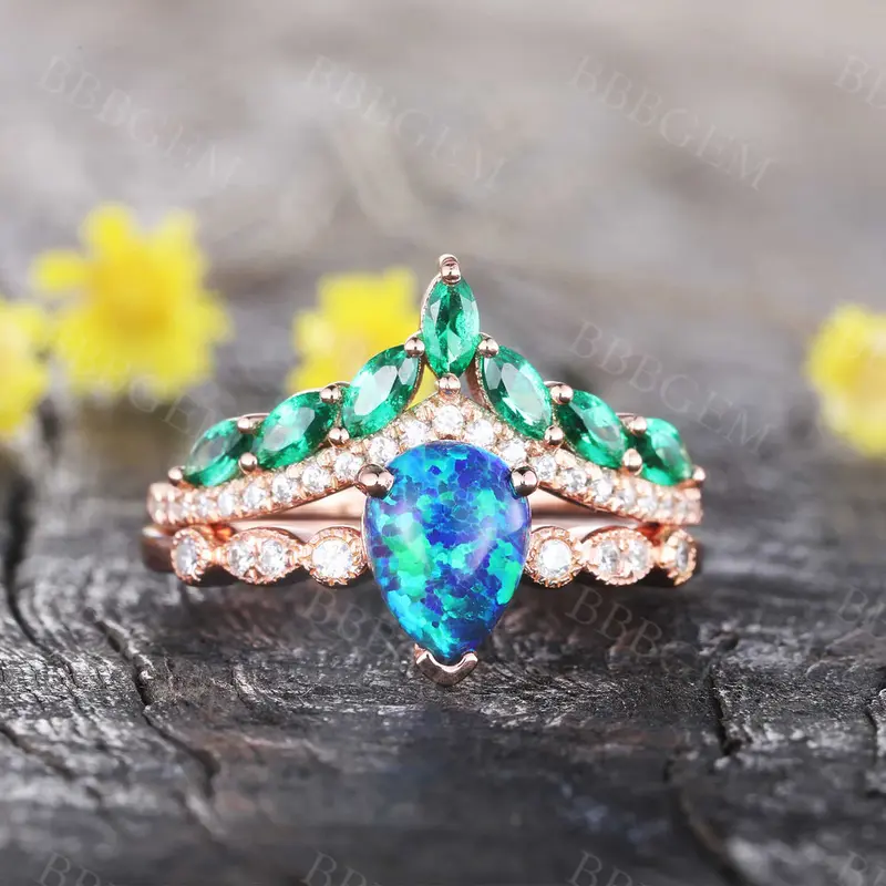 Pear Cut Black Opal  Engagement Ring Diamond Crown Chervon Eternity  Band Set