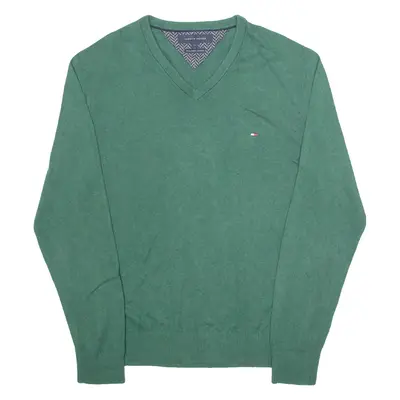 TOMMY HILFIGER Mens Jumper Green V-Neck Tight Knit M