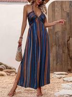 Women's Striped Print Cut Out Tie Back A Line Dress, Boho Sleeveless Halter Neck Split Thigh Long Dress for Beach Holiday Vac...