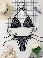 Women's Floral Lace Halter Bikini Set, Chic Tie Side Swim Top & Swim Bottom, Swimsuit for Women, Ladies Swimsuit for Beach ...