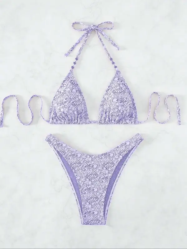Two-piece Set Women's All Over Floral Print Tie Back Bikinis for Summer, Bathing Suits 2024 for Women, Halter Triangle Wirele...