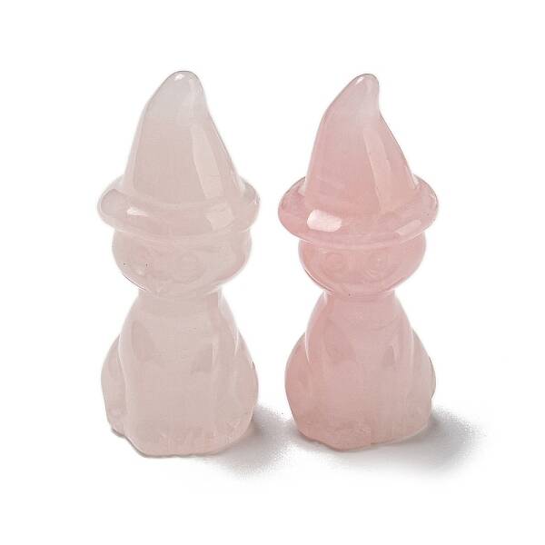Natural Rose Quartz Carved Healing Cat with Witch Hat Figurines