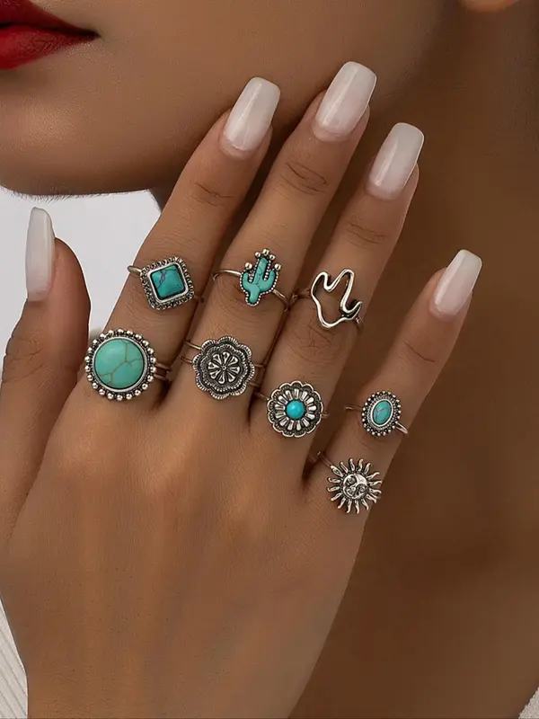 8pcs Western Turquoise Texture Ring for Women, Fashionable Boho Style Flower & Cactus & Sun Design Ring Set, Fashion Turquois...