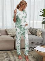 Women's Tie Dye Print Short Sleeve Tee & Drawstring Waist Pants Loungewear Set, Comfy Drop Shoulder Round Neck T-shirt & Trou...
