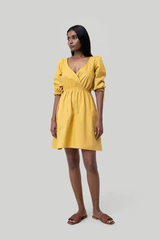 Gathered Elbow Sleeve Short Dress in Mustard | Color: Tuscan Sun | Size: M