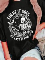 Women's Skeleton & Letter Print Round Neck Graphic Tee, Vintage Trendy Casual Short Sleeve T-shirt for Daily Wear, Ladies Sum...