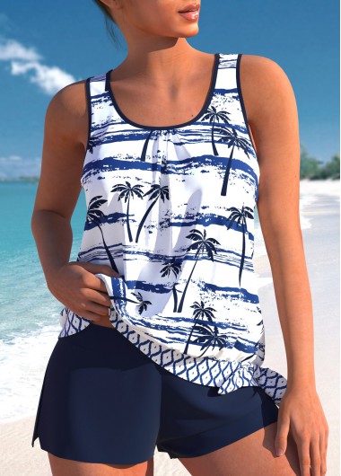 Modlily Patchwork Mid Waisted Tropical Plants Print Tankini Set - S