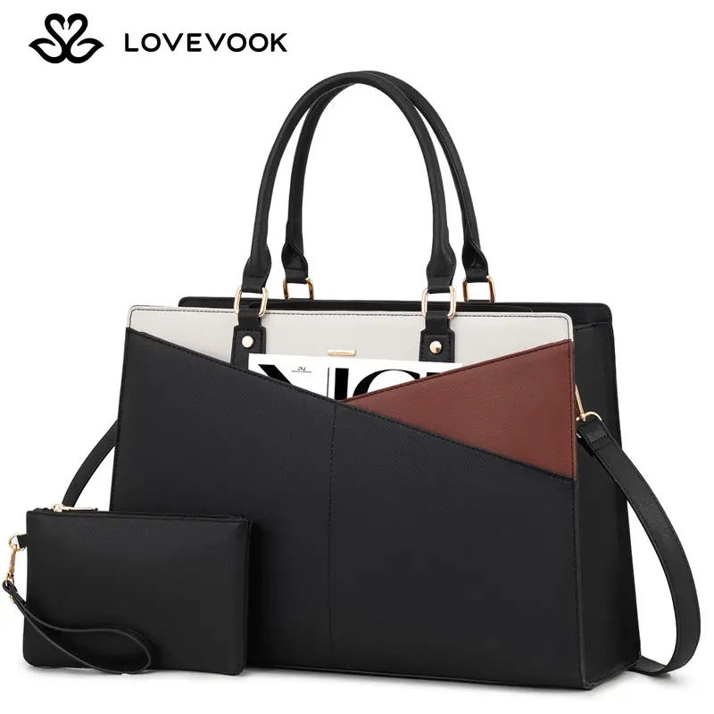 LOVEVOOK Laptop Tote Bag for Women, Leather Business Office Work Bag Computer Briefcase with Small Clutch fit for 15.6 Inch L...