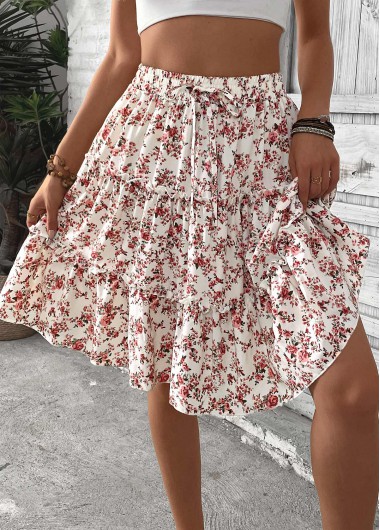 Modlily Brick Red Ditsy Floral Print A Line Skirt - XL