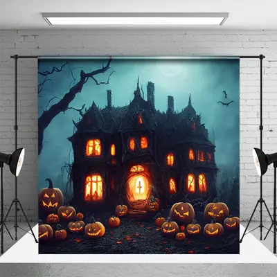 Horror Vibe Pumpkin Wooden Castle Halloween Night Backdrop