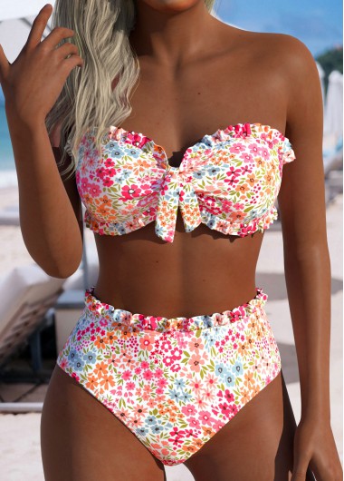Modlily Mid Waisted Ditsy Floral Print Pink Bikini Set - L