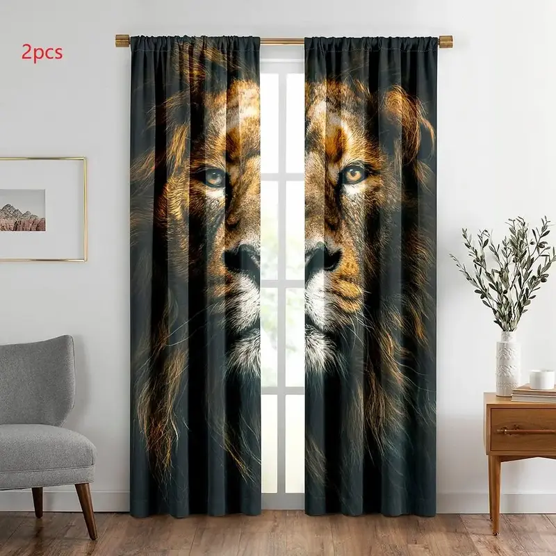 Lion Pattern Window Curtain, 2 Counts Contemporary Art Print Blackout Curtain, Window Drapes for Bedroom Living Room Home Dec...