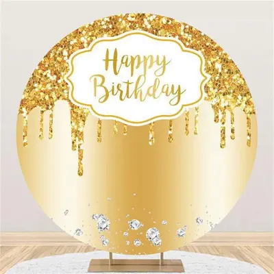 Aperturee Yellow Happy Birthday Glitter Round Party Backdrops
