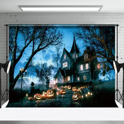 Forest Villa Pumpkin Dark Color Halloween Holiday Backdrop