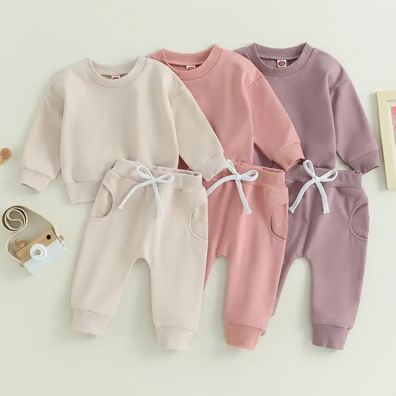 Newborn Baby Girl Boy Outfits Solid Sweatshirt Long Sleeve T-Shirt Tops Jogger Pants Set Toddler Sweatsuit Fall Clothes