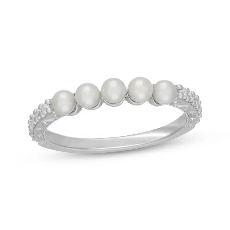 14K White Gold Round Cut Diamond & Pearl Custom Stackable Ring I Color I1 Clarity 3EX