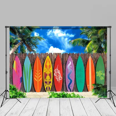Seaside Palm Tree Surfboard Summer Backdrop For Photo - Aperturee