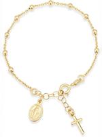 18k Gold Over Sterling Silver Italian Rosary Cross Bead Charm Link Chain Bracelet, Adjustable Bracelet for Women, Fashion Jew...
