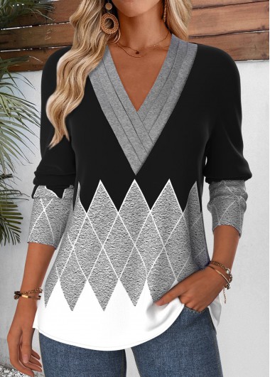 Modlily Grey Tummy Coverage Geometric Print Long Sleeve T Shirt - L