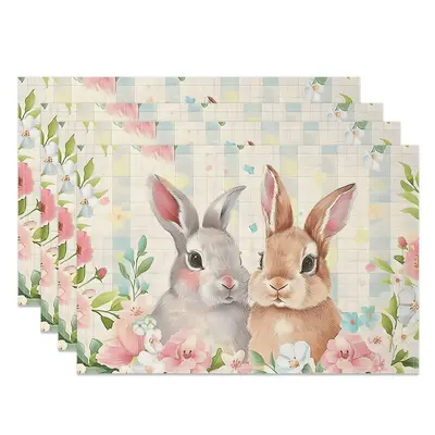 Aperturee Realistic Bunny Floral Easter Set Of 4 Placemats, 14x12 Inch, 15.8 USD, NYLX00522-S, placemats