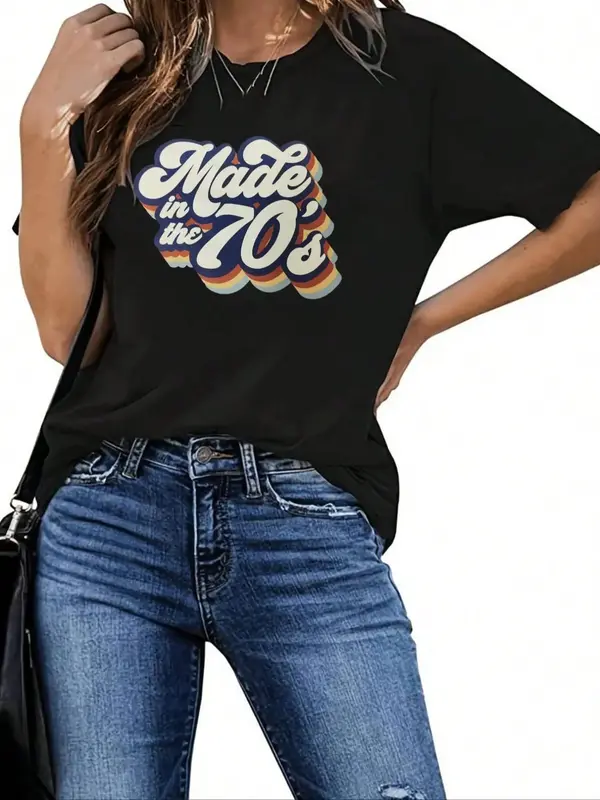 Women's Letter & Figure Print Round Neck Graphic Tee, Fashion Casual Short Sleeve Crew Neck T-Shirt for Daily Wear, Ladies Su...