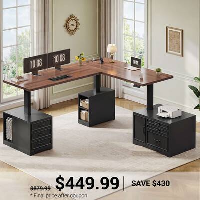 SEDETA ® 76.8 Inch Electric Height Adjustable Desk with 6 Drawers Farmhouse L Shaped Standing Desk with File Cabinet Sit Sta...
