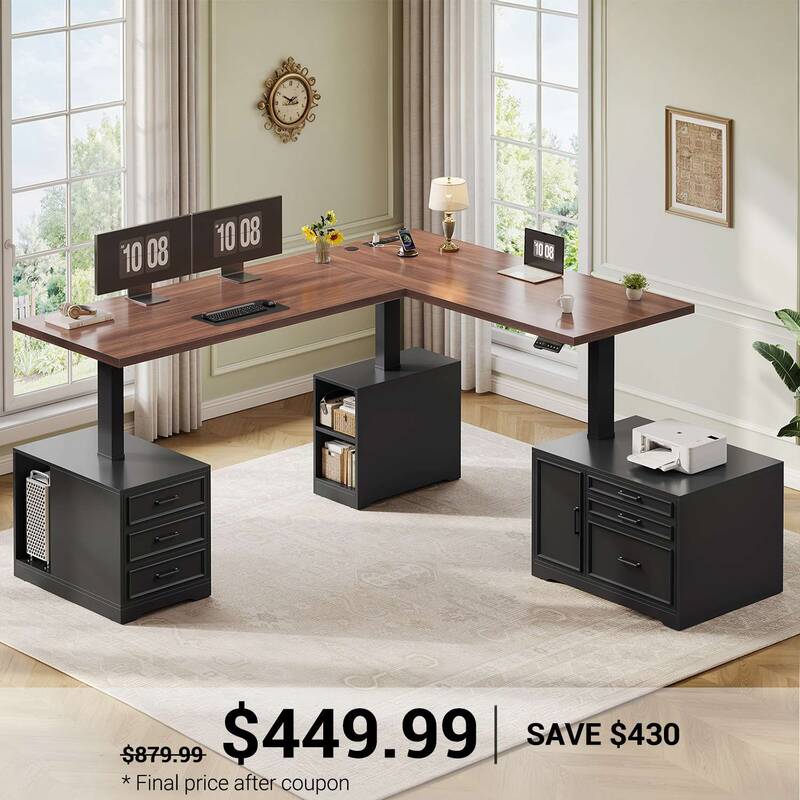 SEDETA ® 76.8 Inch Electric Height Adjustable Desk with 6 Drawers Farmhouse L Shaped Standing Desk with File Cabinet Sit Sta...