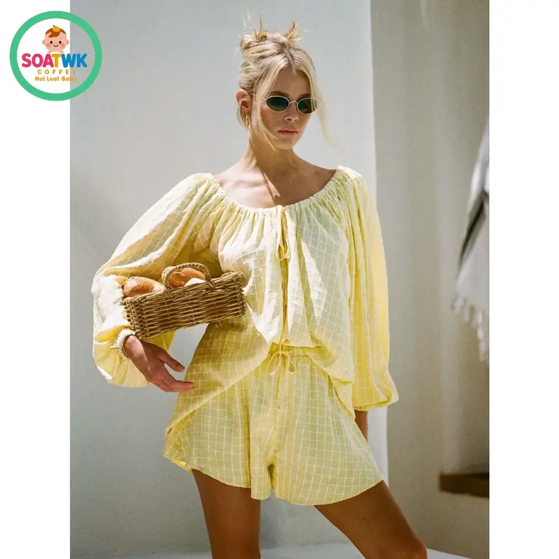 Women Plaid Outfit, Long Sleeve Tie-up Crew Neck T-shirt with Elastic Waist Shorts Summer Outfit