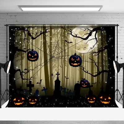 Dark Forest Spider Web Pumpkin Happy Halloween Backdrop