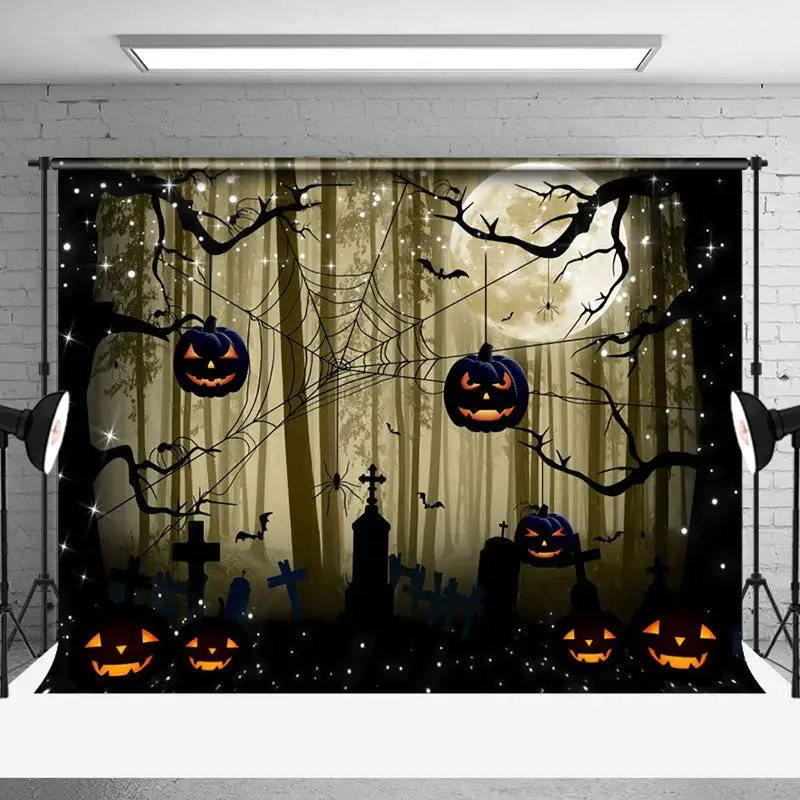Dark Forest Spider Web Pumpkin Happy Halloween Backdrop