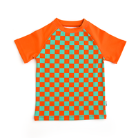 Spencer Checks SHIRT Summer Sun Shirt Boys UPS 50 SUN Safe Play Shirt Neon Orange and Teal Gigi and Max