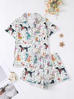 Two-Piece Set Women's All Over Floral & Dog Print Pajama, Elegant Short Sleeve Collared Top & Elastic Waist Shorts PJ Set, Wo...
