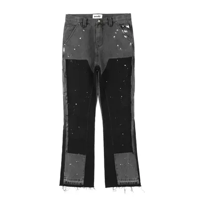 GINGTTO Men's Stacked Flared Jeans Relaxed Bootcut Patchwork Streetwear Straight Leg Stretch Denim Pants