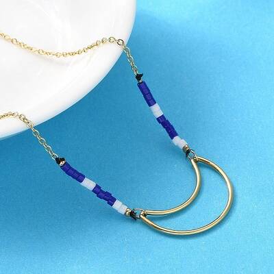 304 Stainless Steel & Blue Glass Beads Pendant Necklaces for Women