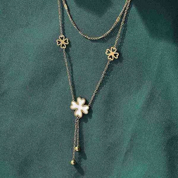 304 Stainless Steel Shell Pearl Clover Pendant Double Layered Necklaces for Women
