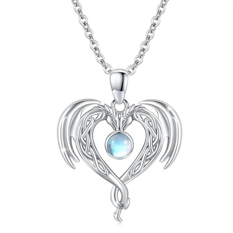 Sterling Silver Circular Moonstone Dragon Celtic Knot And Heart Pendant Necklace For Women