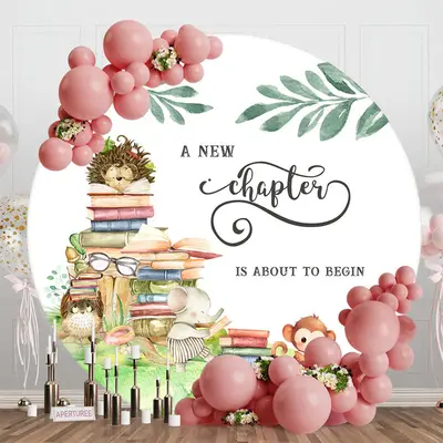 Animals Books Leaves Round Baby Shower Backdrop - Aperturee