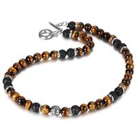 Hermah 8MM Natural Yellow Tiger Eye's Stone Lava Beaded Necklace Choker Toggle Clasp for Men Female Handmade Jewelry Gift chr...