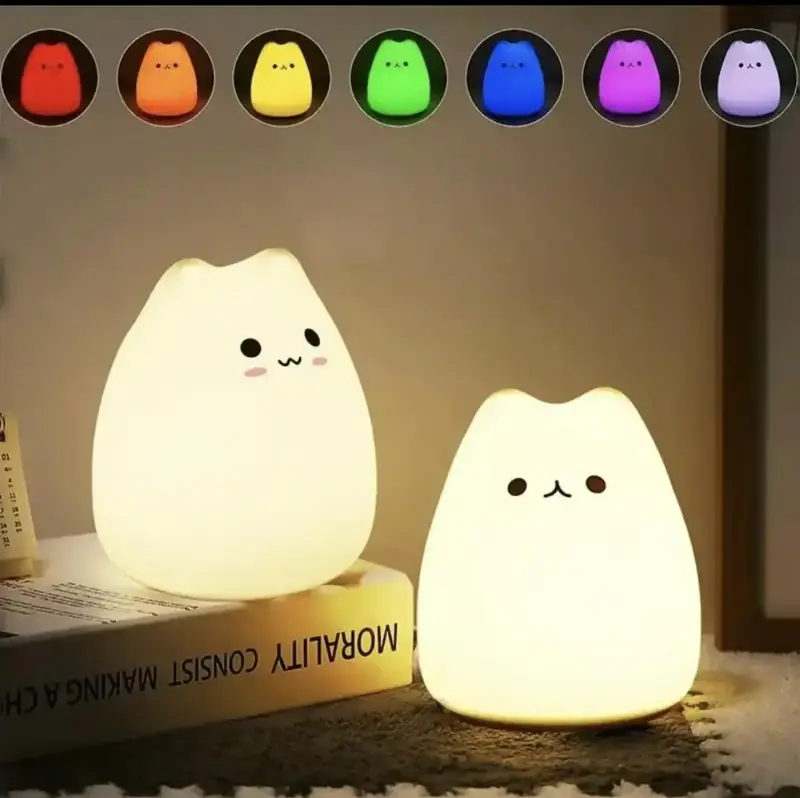 Cute Cat Design Night Light, 1 Piece 7 Color Changing Silicone Night Light, Silicone Multicolor Cute Cat Lamp with Warm White...