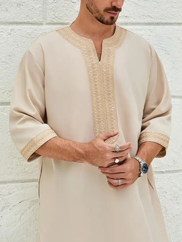 Men’s Moroccan Thobe – Embroidered Islamic Kaftan with Pockets, Ideal for Daily Wear & Special Occasions