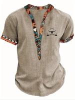 Men's Patchwork Ethnic Geometric Pattern Half Button Front Shirt, Regular Fit Casual Cattle Head Graphic Short Sleeve Mock Ne...