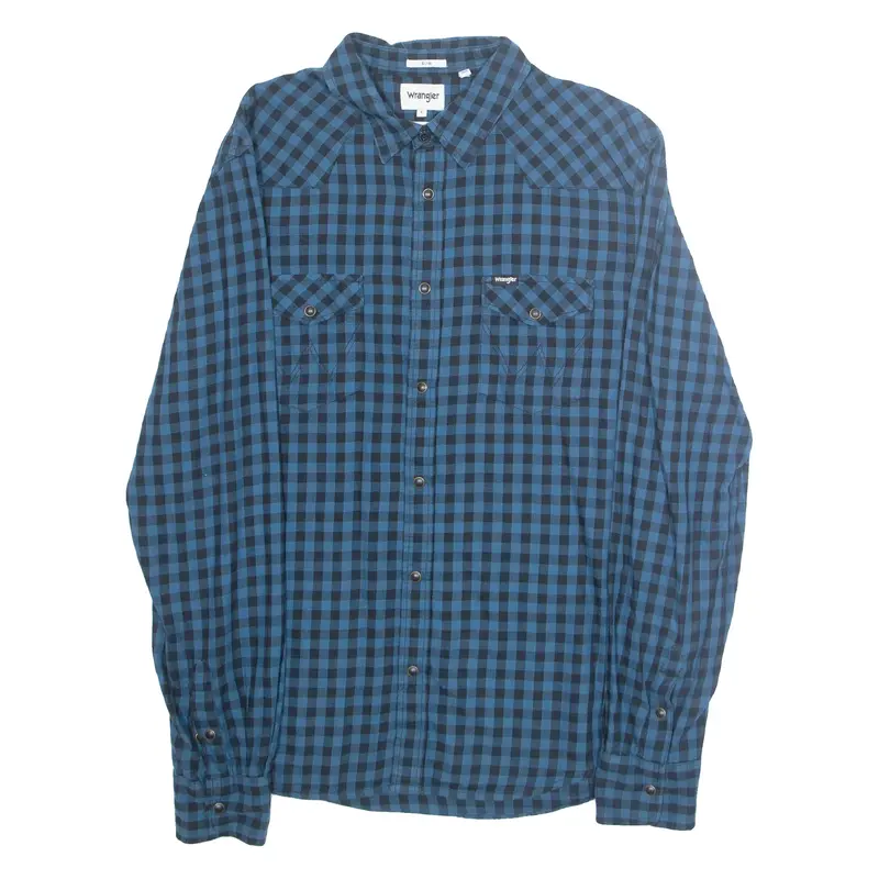 WRANGLER Slim Mens Flannel Shirt Blue Check Long Sleeve L